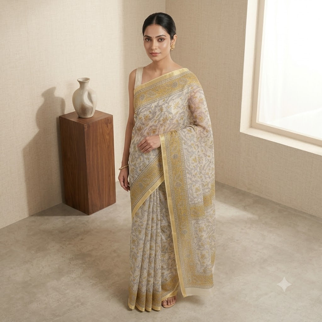 Kota Doriya Saree | Beige Mustard Floral Print