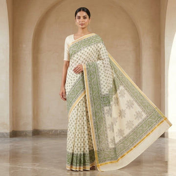 Kota Doriya Saree | Ivory Green Buti Print